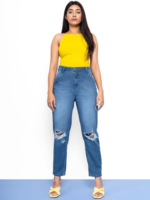 

FREAKINS Women Blue Tapered Fit High-Rise Slash Knee Heavy Fade Pure Cotton Crop Jeans