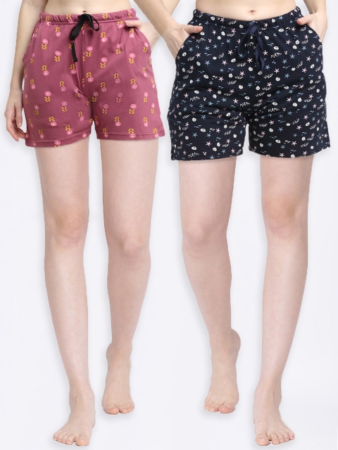 

Kanvin Women Pack of 2 Pink & Navy Blue Printed Lounge Shorts