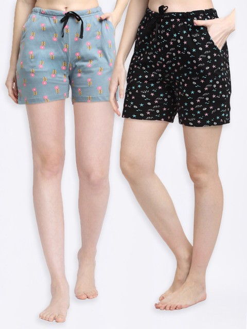

Kanvin Women Green & Black Set Of 2 Printed Cotton Lounge Shorts