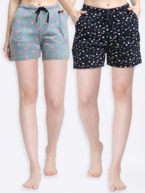 

Kanvin Women Set Of 2 Green & Navy Blue Printed Cotton Lounge Shorts