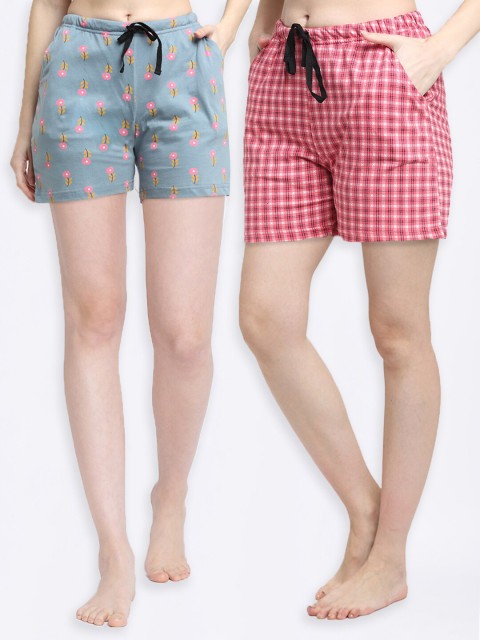 

Kanvin Women Pack Of 2 Printed Pure Cotton Lounge Shorts, Green