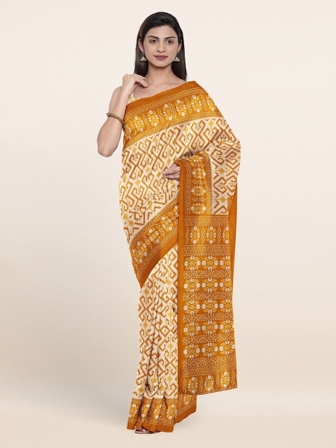 

Pothys Cream-Coloured & Mustard Cotton Blend Saree
