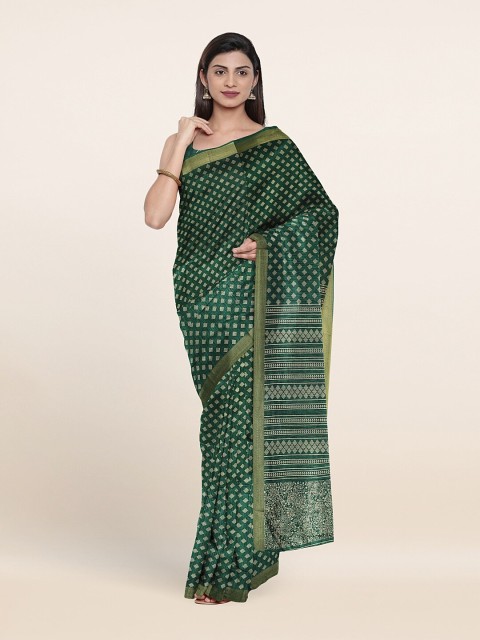 

Pothys Green & Gold-Toned Zari Cotton Blend Saree
