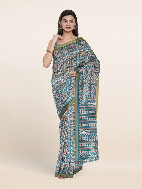 

Pothys Blue & Off White Floral Zari Cotton Blend Saree