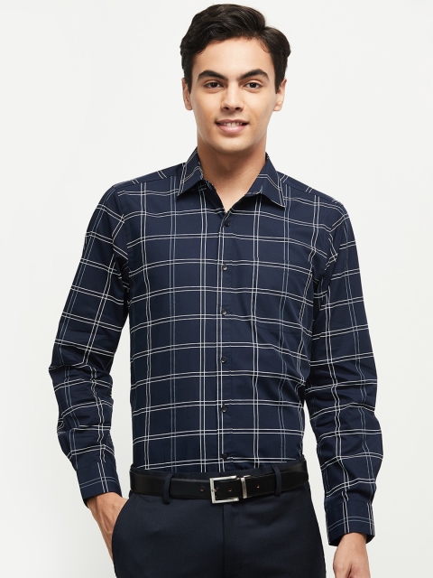 

max Men Navy Blue Windowpane Checks Checked Formal Shirt