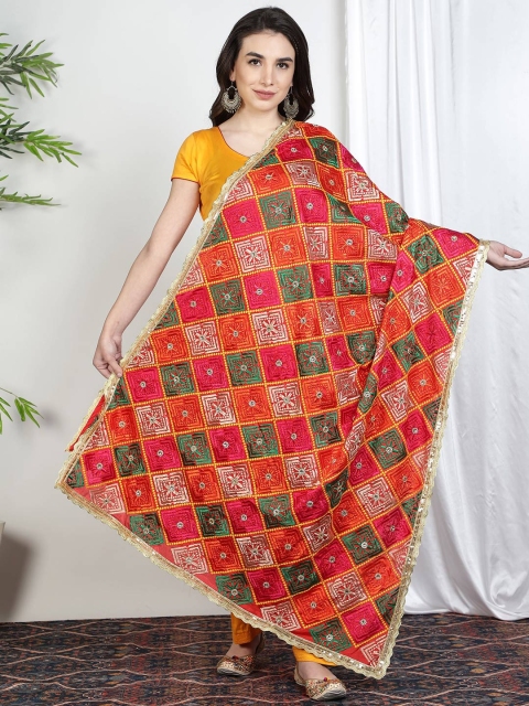 

Moda Chales Orange & Green Embroidered Dupatta with Phulkari