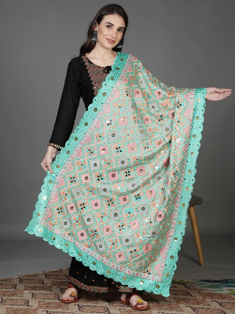 

Moda Chales Green & Pink Ethnic Motifs Embroidered Dupatta with Phulkari