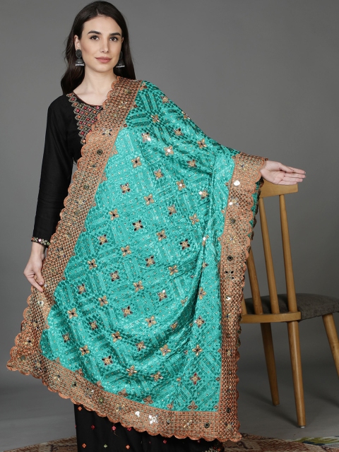 

Moda Chales Green & Gold-Toned Embroidered Dupatta with Mirror Work
