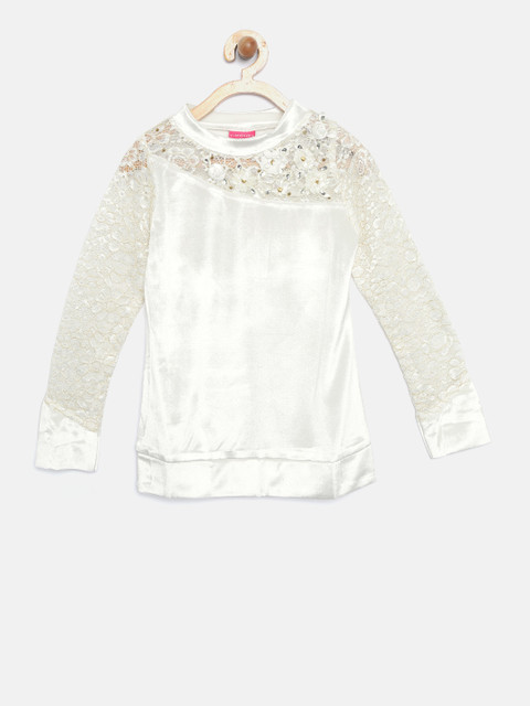 

Tiny Girl White Solid Lace Detail Velvet Finish Pure Cotton Top