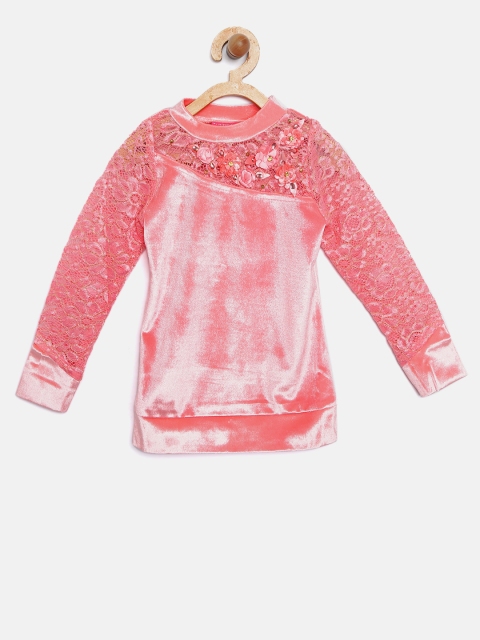 

Tiny Girl Pink Solid Lace Detail Velvet Finish Pure Cotton Top