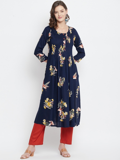 

Tissu Women Navy Blue Floral Embroidered Flared Sleeves Gotta Patti Anarkali Kurta