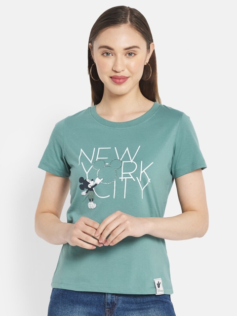 

METTLE Women Green Mickey Mouse Printed Cotton T-shirt