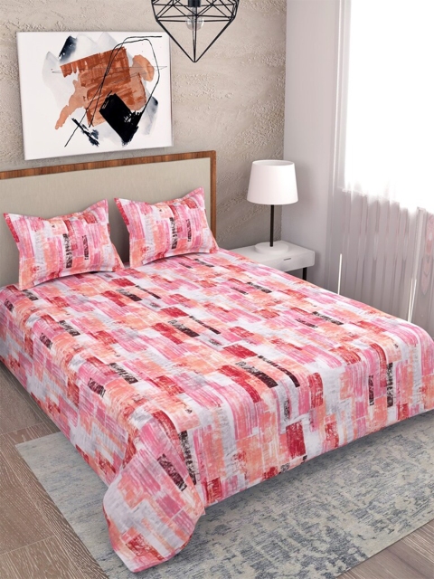 

Salona Bichona White & Pink Geometric 180 TC King Bedsheet with 2 Pillow Covers