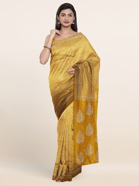 

Pothys Mustard & White Beads and Stones Cotton Blend Saree