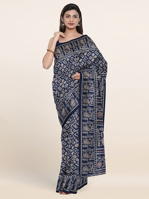 

Pothys Navy Blue & Grey Floral Printed Cotton Blend Saree