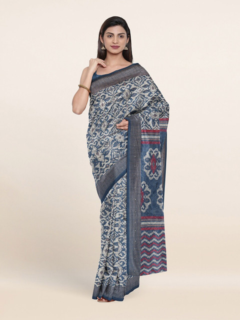 

Pothys Blue & Off White Ethnic Motifs Beads and Stones Saree