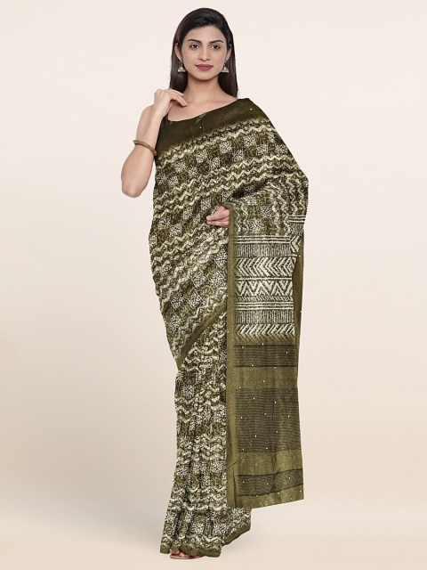 

Pothys Olive Green & Off White Ethnic Motifs Printed Cotton Blend Saree