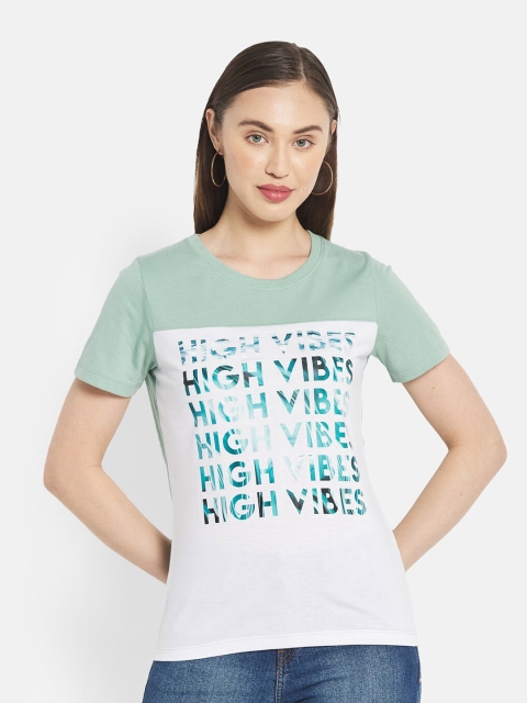 

METTLE Women Olive Green & White Typography Cotton Printed T-shirt