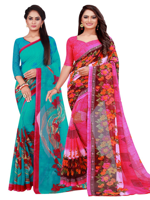 

Florence Set Of 2 Pink & Blue Floral Pure Georgette Saree