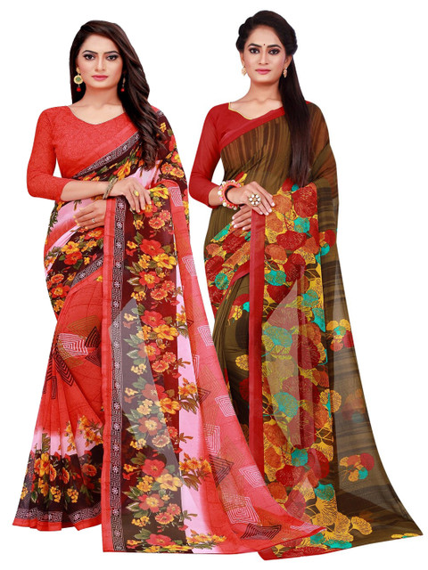 

Florence Pack of 2 Red & Brown Floral Pure Georgette Sarees