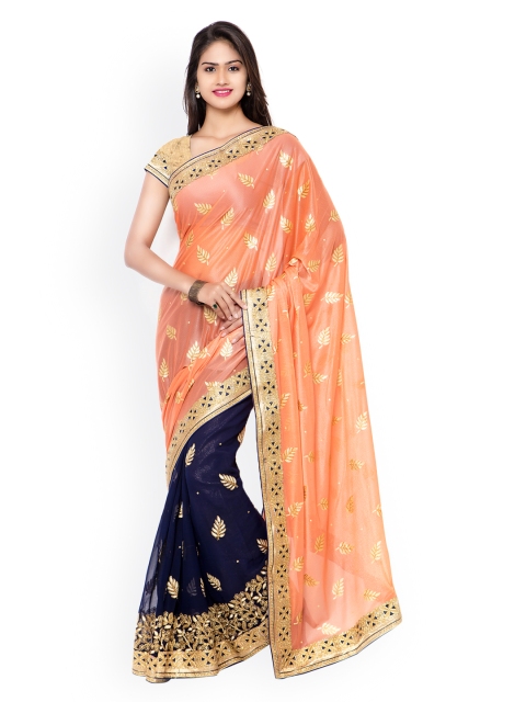 

Kvsfab Orange & Navy Lycra & Faux Georgette Embellished Saree