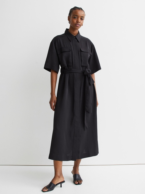 

H&M Women Black Solid Tie-Belt Shirt Dress