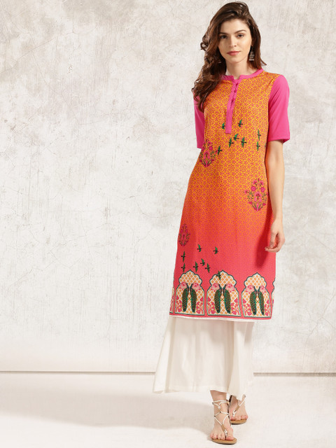 

Anouk Women Pink & Orange Printed Straight Kurta