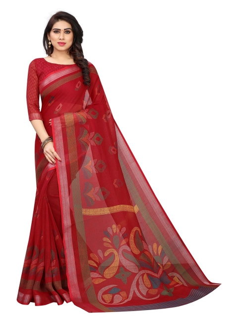 

PERFECTBLUE Red & Green Ethnic Motifs Zari Saree