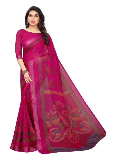 

PERFECTBLUE Magenta & Green Ethnic Motifs Printed Zari Saree