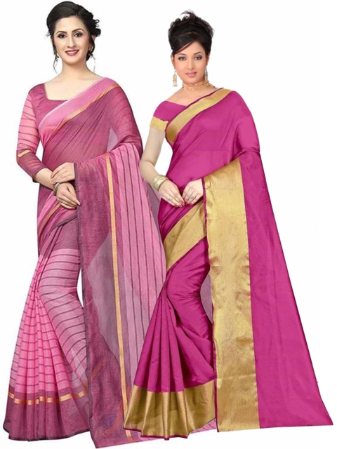 

SAADHVI Pack Of 2 Pink & Fuchsia Striped Zari Silk Cotton Saree