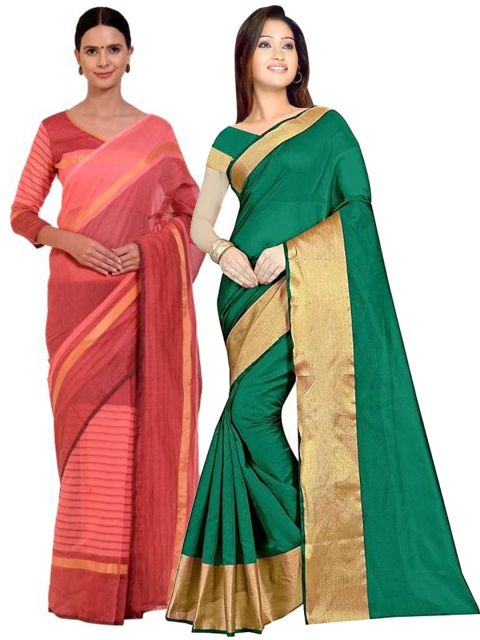 

SAADHVI Pack of 2 Green & Rust Striped Silk Cotton Saree