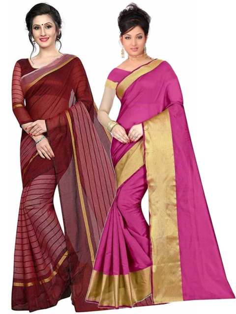 

SAADHVI Pack of 2 Pink & Maroon Striped Zari Silk Cotton Saree