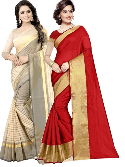 

SAADHVI Pack of 2 Red & Cream-Coloured Striped Silk Cotton Sarees