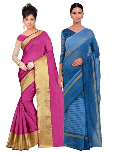 

SAADHVI Pack Of 2 Pink & Blue Striped Zari Silk Cotton Saree