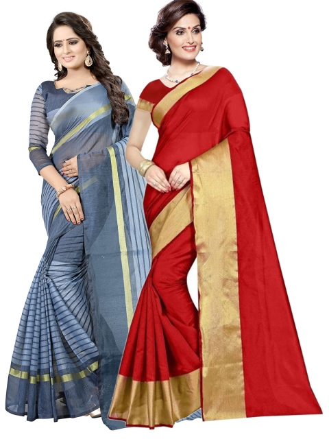 

SAADHVI Red & Grey Striped Silk Cotton Saree Pack Of 2