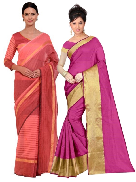 

SAADHVI Pink & Red Set of 2 Striped Zari Silk Cotton Saree