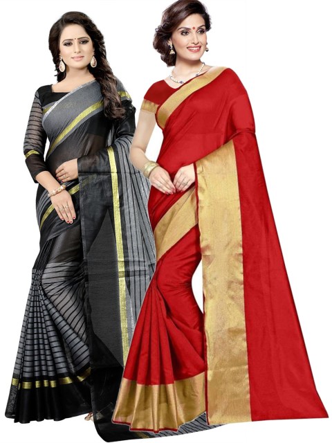 

SAADHVI Pack of 2 Red & Black Striped Zari Silk Cotton Saree