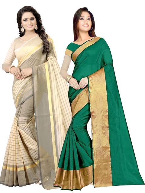 

SAADHVI Pack of 2 Green & Beige Striped Zari Silk Cotton Sarees