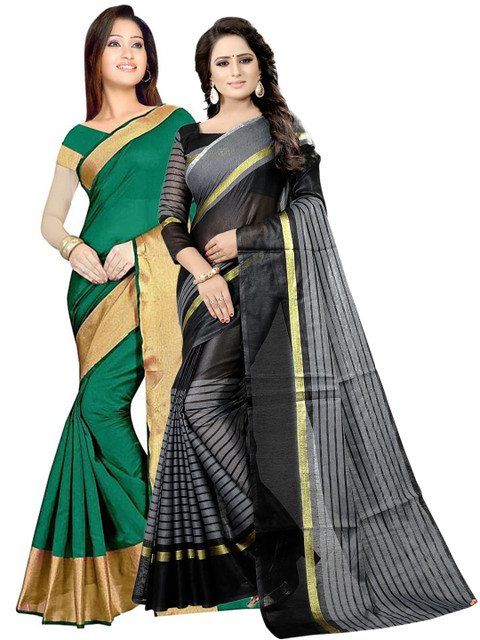 

SAADHVI Pack of 2 Green & Black Striped Silk Cotton Saree