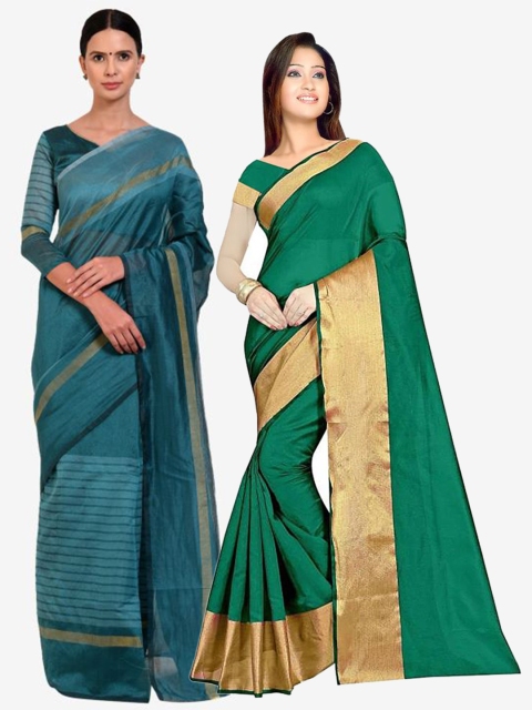 

SAADHVI Pack Of 2 Green & Teal Striped Silk Cotton Saree