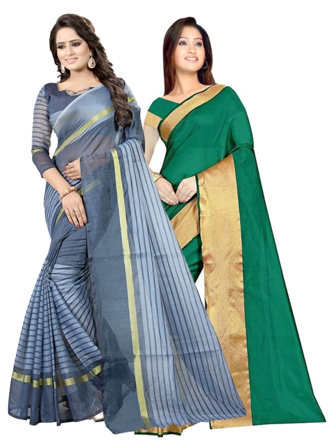 

SAADHVI Pack Of 2 Green & Grey Striped Silk Cotton Saree