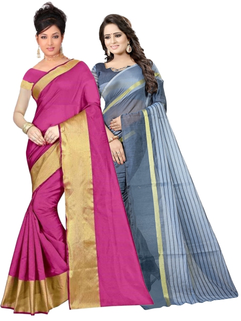 

SAADHVI Pack Of 2 Pink & Grey Striped Silk Cotton Saree