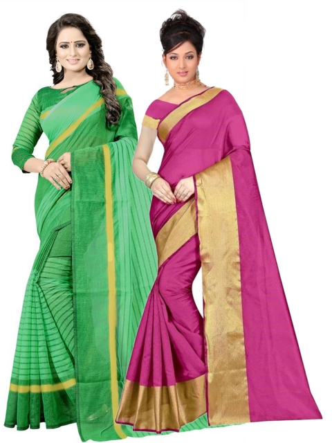 

SAADHVI Pack of 2 Pink & Green Striped Zari Silk Cotton Saree