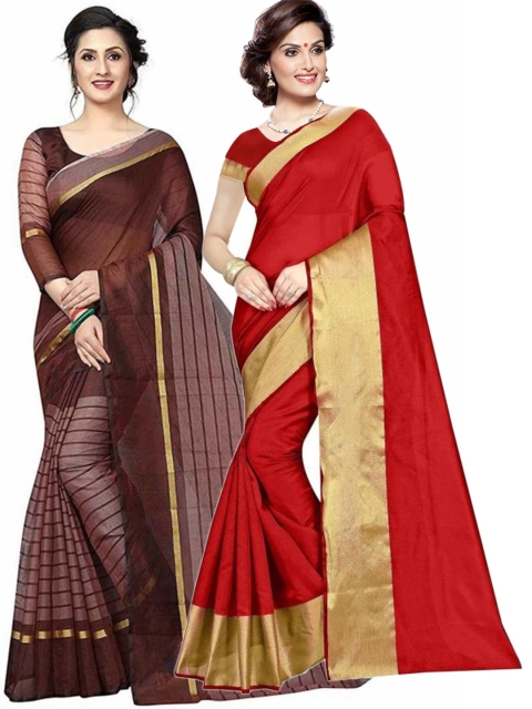 

SAADHVI Red & Brown Striped Silk Cotton Saree Pack Of 2