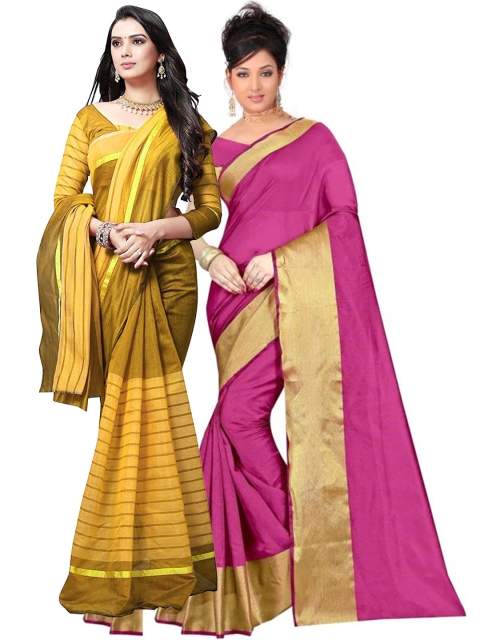 

SAADHVI Pack of 2 Pink & Mustard Striped Silk Cotton Sarees