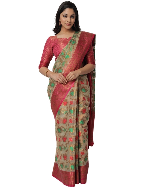 

PERFECTBLUE Cream-Coloured & Pink Floral Zari Art Silk Kanjeevaram Saree