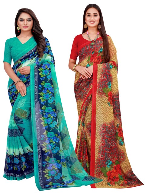 

Florence Pack Of 2 Blue & Red Floral Pure Georgette Saree