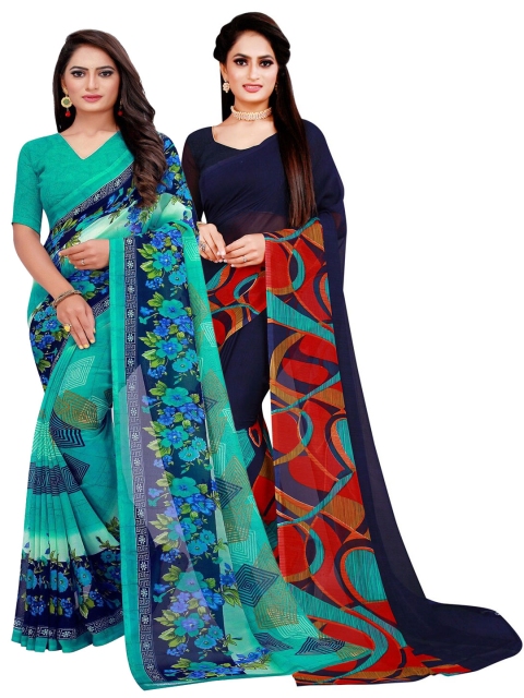 

Florence Pack Of 2 Navy Blue & Turquoise Blue Floral Pure Georgette Saree