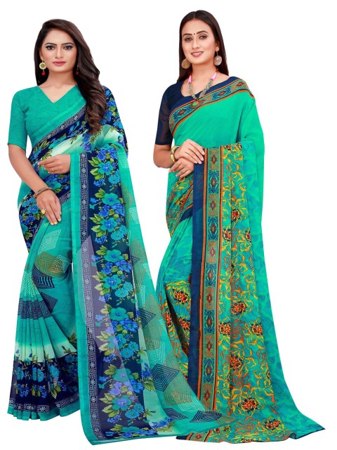

Florence Pack of 2 Green & Turquoise Blue Floral Pure Georgette Saree