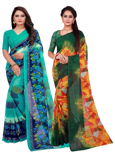 

Florence Pack of 2 Turquoise Blue & Green Floral Pure Georgette Sarees
